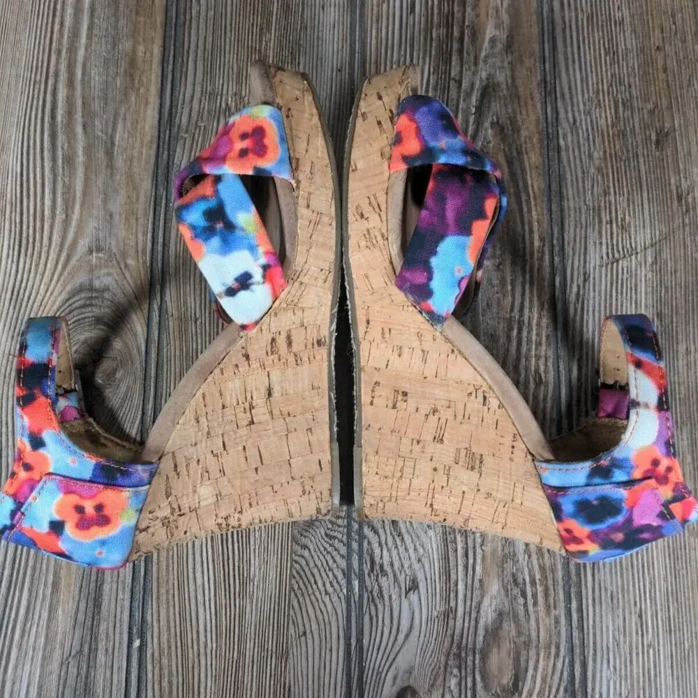 Toms Wedge Sandals Floral Hawaiian Platform Ankle Strap Peep Toe Shoes‎ Size 6